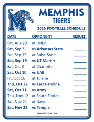 Memphis Tigers Football 2026
 Printable Schedule  - Style 2