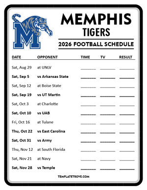 Memphis Tigers Football 2026
 Printable Schedule - Style 4
