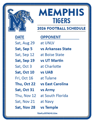 Memphis Tigers Football 2026
 Printable Schedule