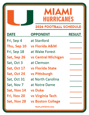 Miami Hurricanes Football 2026
 Printable Schedule  - Style 2