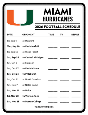 Miami Hurricanes Football 2026
 Printable Schedule - Style 4