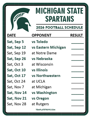 Michigan State Spartans Football 2026
 Printable Schedule  - Style 2