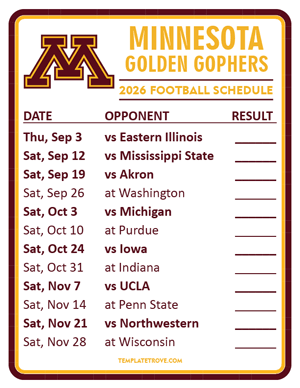 Minnesota Golden Gophers Football 2026
 Printable Schedule  - Style 2
