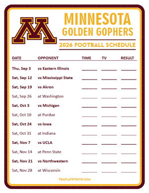 Minnesota Golden Gophers Football 2026
 Printable Schedule - Style 3