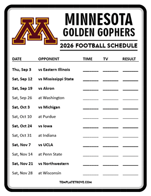 Minnesota Golden Gophers Football 2026
 Printable Schedule - Style 4