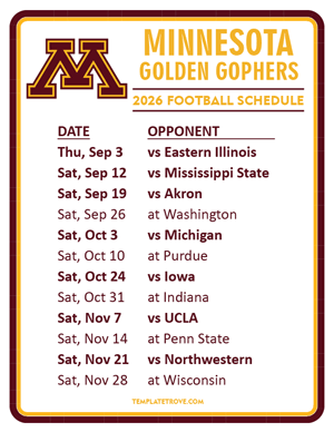 Minnesota Golden Gophers Football 2026
 Printable Schedule