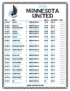 Minnesota United 2026
 Printable Soccer Schedule - Central Times