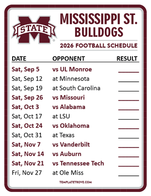 Mississippi State Bulldogs Football 2026
 Printable Schedule  - Style 2