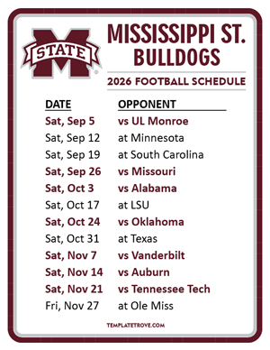 Mississippi State Bulldogs Football 2026
 Printable Schedule