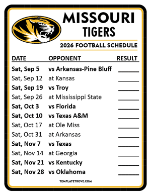 Missouri Tigers Football 2026
 Printable Schedule  - Style 2