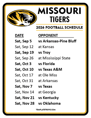 Missouri Tigers Football 2026
 Printable Schedule