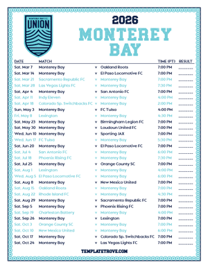  Monterey Bay 2026
 Printable Soccer Schedule - Pacific Times