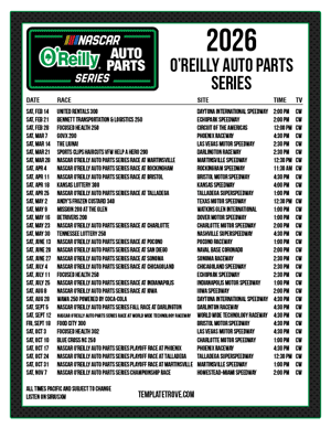 Printable 2026
 NASCAR O'Reilly Auto Parts Series Schedule - Pacific Times