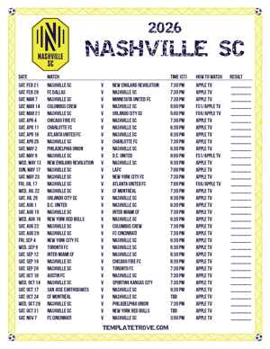 Nashville SC 2026
 Printable Soccer Schedule - Central Times