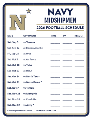 Navy Midshipmen Football 2026
 Printable Schedule - Style 3