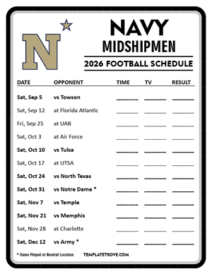 Navy Midshipmen Football 2026
 Printable Schedule - Style 4