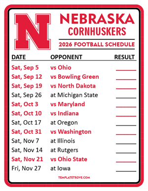Nebraska Cornhuskers Football 2026
 Printable Schedule  - Style 2