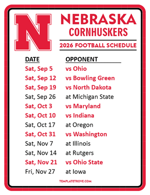 Nebraska Cornhuskers Football 2026
 Printable Schedule