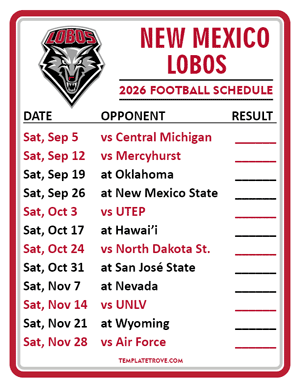 New Mexico Lobos Football 2026
 Printable Schedule  - Style 2