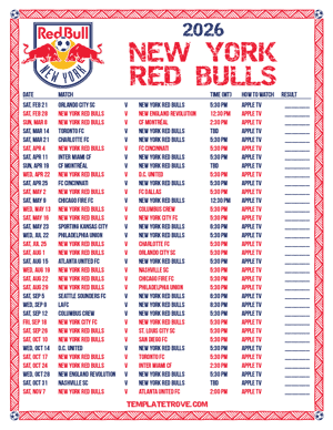 New York Red Bulls 2026
 Printable Soccer Schedule - Mountain Times