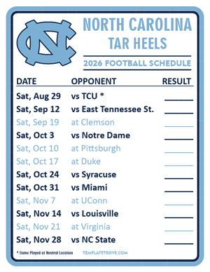 North Carolina Tar Heels Football 2026
 Printable Schedule  - Style 2