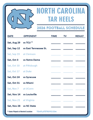 North Carolina Tar Heels Football 2026
 Printable Schedule - Style 3