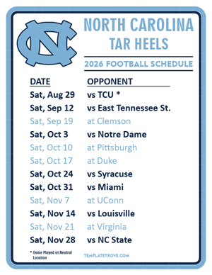 North Carolina Tar Heels Football 2026
 Printable Schedule
