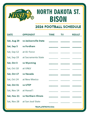 North Dakota State Bison Football 2026
 Printable Schedule - Style 3