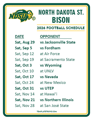 North Dakota State Bison Football 2026
 Printable Schedule