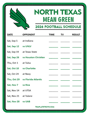 North Texas Mean Green
 Football 2026
 Printable Schedule - Style 3
