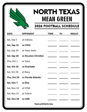North Texas Mean Green
 Football 2026
 Printable Schedule - Style 4
