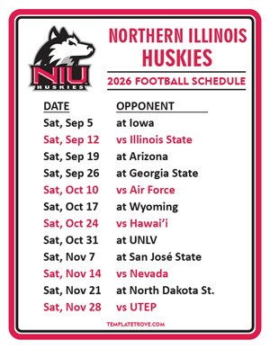 Northern Illinois Huskies Football 2026
 Printable Schedule