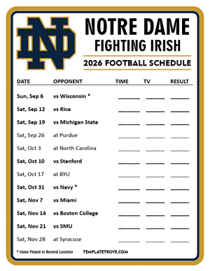 Notre Dame Fighting Irish Football 2026
 Printable Schedule - Style 4