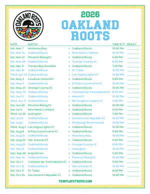   Oakland Roots 2026
 Printable Soccer Schedule