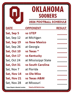 Oklahoma Sooners Football 2026
 Printable Schedule  - Style 2