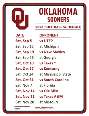 Oklahoma Sooners Football 2026
 Printable Schedule