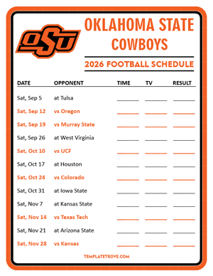 Oklahoma State Cowboys Football 2026
 Printable Schedule - Style 3