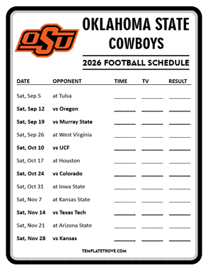 Oklahoma State Cowboys Football 2026
 Printable Schedule - Style 4
