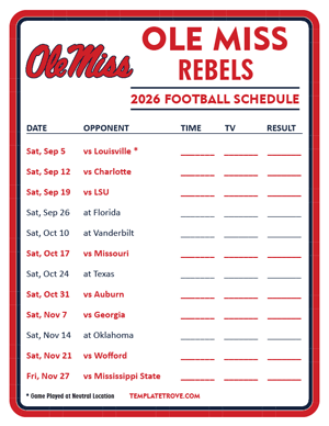 Ole Miss Rebels Football 2026
 Printable Schedule - Style 3
