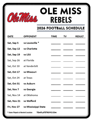 Ole Miss Rebels Football 2026
 Printable Schedule - Style 4