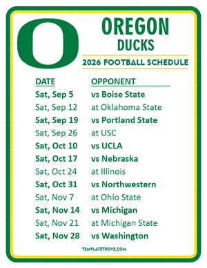 Oregon Ducks Football 2026
 Printable Schedule