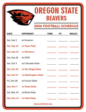 Oregon State Beavers Football 2026
 Printable Schedule - Style 3