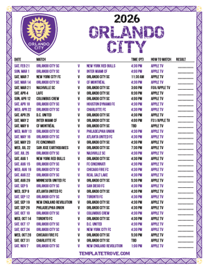 Orlando City 2026
 Printable Soccer Schedule - Pacific Times