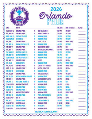 Orlando Pride 2026
 Printable Soccer Schedule - Central Times