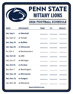 Penn State Nittany Lions Football 2026
 Printable Schedule - Style 3