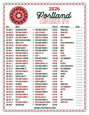Portland Thorns FC 2026
 Printable Soccer Schedule - Pacific Times