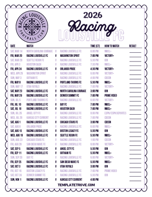 Racing Louisville FC 2026
 Printable Soccer Schedule - Central Times