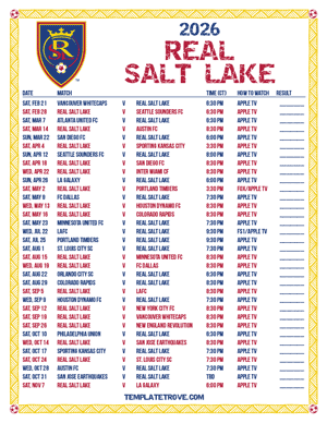 Real Salt Lake 2026
 Printable Soccer Schedule - Central Times