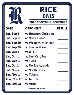 Rice Owls

 Football 2026
 Printable Schedule  - Style 2