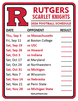 Rutgers Scarlet Knights Football 2026
 Printable Schedule  - Style 2